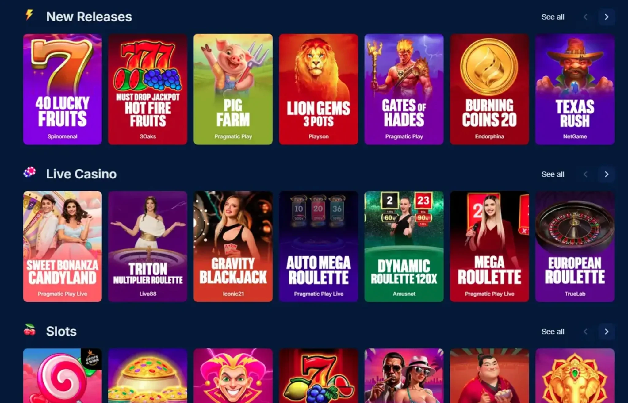 OnlyWin online casino game lobby
