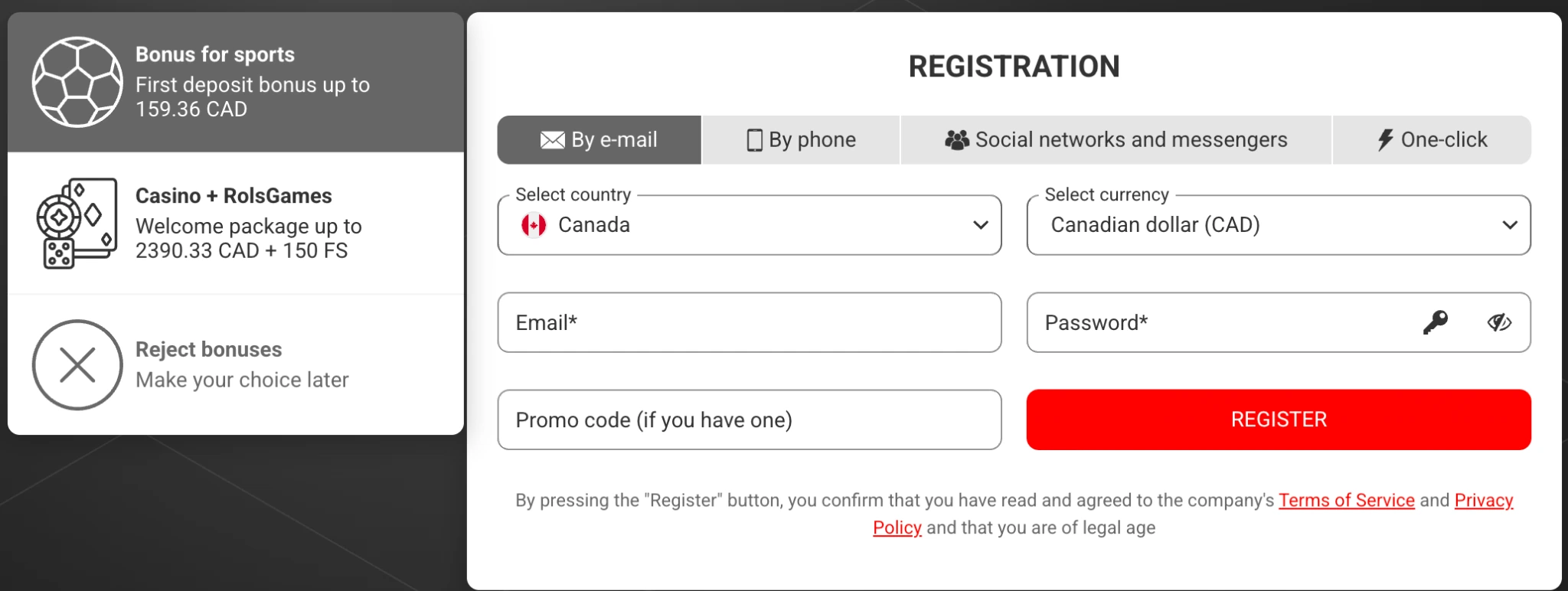 Rolsbet registration form for a Canadian account